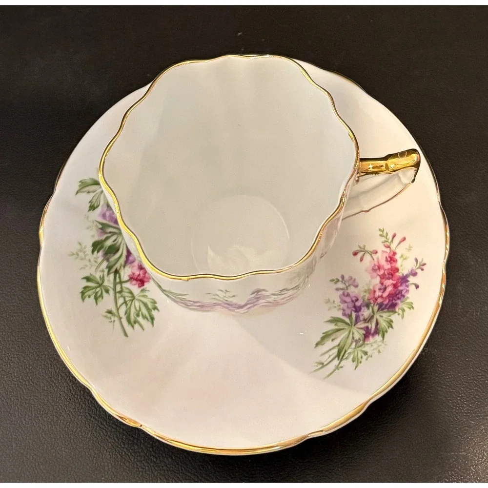 Windsor Teacup Saucer Set White Purple Pink Floral Gold Trim England Bone China